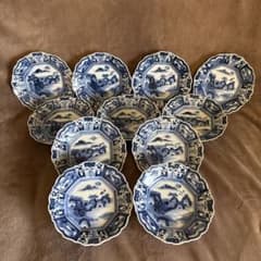 ⬛︎五寸変形皿11枚⬛︎染付手描⬛︎古伊万里⬛︎山水巻物角皿江戸
