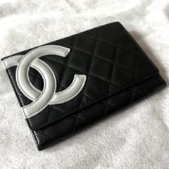 CHANEL 二つ折財布 ココマーク カンボンライン レザー 黒 オレンジ