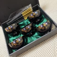 YUKI TORII漆器 汁椀 5客セット 箸付き 和食器 花柄 金彩 黒塗り