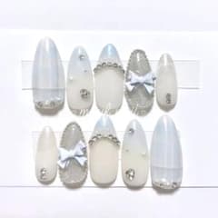 【現品】ネイルチップ フレンチガーリー 量産型 チェック リボン ビジューのサムネイル