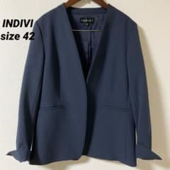 【新品同様】INDIVI ノーカラージャケット 42 濃紺　OL 日本製 洗える