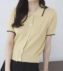 すかし編みポロ襟ニット　イエロー
