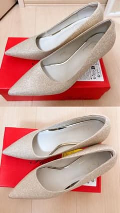 結婚式パンプス　ヒール　お呼ばれ　シャンパンゴールドのサムネイル