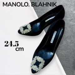マノロブラニク パンプス ハンギシ パールビジュー キャンバス 37.5 黒