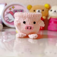 ハンドメイド かぎ針編み ブタ 小物入れ イヤホン収納 デスクインテリアのサムネイル