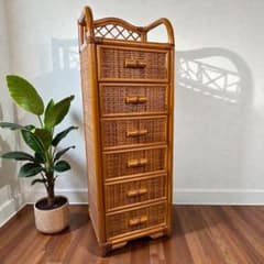 昭和レトロ ラタン 籐 6段チェスト 背が高い 縦長タンス スリム