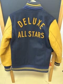 DELUXE CLOTHING デラックス スタジャンMネイビー×イエロー 袖革 DELUXE CLOTHING デラックス スタジャンMネイビー×イエロー 袖革