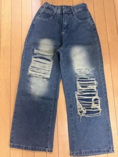 ダメージ加工 ワイドデニムパンツ ブルーのサムネイル