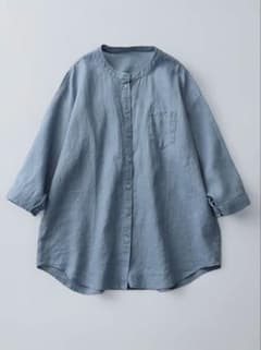 オシャレデザイン✨バンドカラーシャツ 七分袖 くすみブルー XL 体型カバーのサムネイル