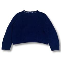 良品◎長袖ニット ネイビー ショート丈 クロップド 透かし編み 起毛 秋冬 大人