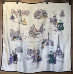 美品 manipuri シルクスカーフ 88cm パリ　フランス柄　クリーム色 美品 manipuri シルクスカーフ 88cm パリ フランス柄 クリーム色