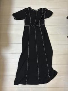 フリーズマート　配色メロウステッチ ロングワンピース ブラック 半袖のサムネイル