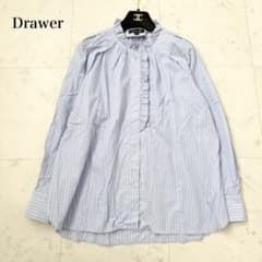 極美品❤️Drawer コットンストライプフリルブラウス ブルー 長袖 36 
