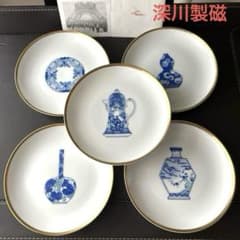 深川製磁　ブルーチャイナ　平皿　銘々皿　丸皿　レア　5客揃　化粧箱入り 深川製磁 ブルーチャイナ 平皿 銘々皿 丸皿 レア 5客揃 化粧箱入り
