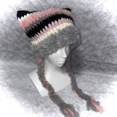 04 猫耳ニット帽 ブラック×グレー×ピンクのサムネイル