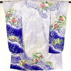 6k173 振袖 正絹 袷 写真家 秋山庄太郎 落款 紫 青 白 緑 花柄 和装