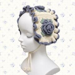 薔薇のフリルヘッドドレス 編み物 かぎ針編み コットン糸 ブルー