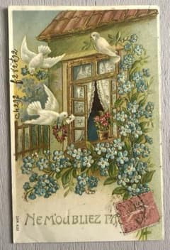 ◆フランスアンティーク｜激レア直筆サイン古書植物草花挿絵19s金彩エンボスハード フランスアンティーク】幸せの白鳩と忘れな草のポストカード 薔薇 金彩