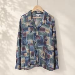 90s Vintage シルク 長袖シャツ 青 ネイビー 幾何学 アート柄 XLのサムネイル