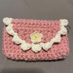 ピンク×ホワイトのお花付きフリルポーチのサムネイル