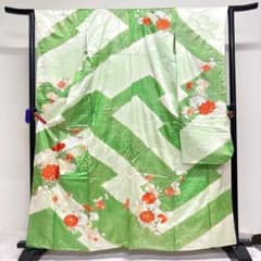 振袖 金駒刺繍 刺繍 金彩 牡丹 菊花 梅花 グリーンカラー 着物 013tz