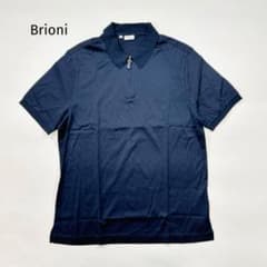 美品 Brioni ブリオーニ 半袖 ポロシャツ M ハーフジップ 刺繍ロゴ 紺 