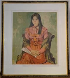 真作】版画 柳沢淑郎 リトグラフ 扇を持つ少女 上品な色彩と表情美 X80