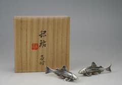 希少品！京都 清課堂 銀製 銀鮎 壱対 裏に刻印【梅】＆【銀製】有 共箱