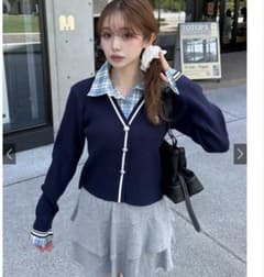 美品✨ 秋服 GRL 制服風 レイヤード ニットカーディガン ネイビー チェックのサムネイル