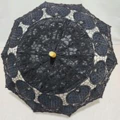 72日傘高級手縫いUVややドーム形木製作り骨先黒豪華総刺繍バテンレース洋傘長傘のサムネイル