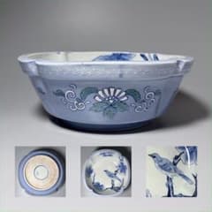 江戸後期〜明治期　古伊万里　染付鶯の図木瓜形鉢　直径24cm　名品　豪商旧蔵品 江戸後期〜明治期 古伊万里 染付鶯の図木瓜形鉢 直径24cm 名品 豪商旧