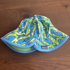 Patagonia Baby Summer Hat with Chin Strap, Fish Pattern, Sizes 3-6M, Blue and Green