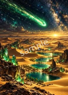 緑光流星と金色砂海のデジタルアート ポスター 壁紙 インテリア No.0125のサムネイル