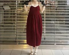 ベロア素材 ノースリーブワンピース レッド バックリボン　高級感のサムネイル