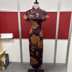 チャイナドレス ロング丈 パープル 花柄M-L