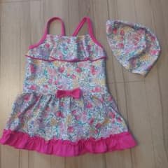 女の子用花柄ワンピース水着　110cm　帽子つきのサムネイル