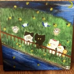 猫の絵 ネコの絵 手描きイラスト「ひとときを光る儚く美しい蛍たち