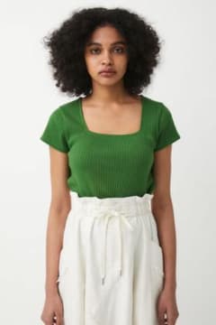 MOUSSY リブ スクエアネック 半袖 Tシャツ グリーンのサムネイル