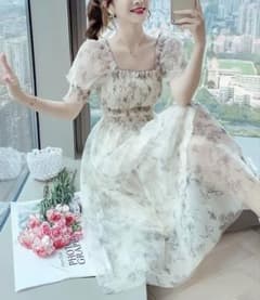花柄シフォンワンピース パフスリーブ シャーリング 価格相談大歓迎のサムネイル
