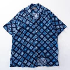ビンテージ古着00s 開襟 とろみ 装飾 オーナメント 幾何学 紺 総柄シャツ