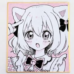手描きイラスト 色紙 猫耳メイド(ラメ入り絵の具)のサムネイル