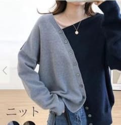 切り替えトップスボタン不規則vネック配色ニットセーターのサムネイル