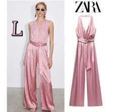 ZARA ベルト付 サテン ホルターネック ジャンプスーツ L ラスト1点 