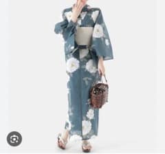 青色花柄浴衣・白帯セットのサムネイル