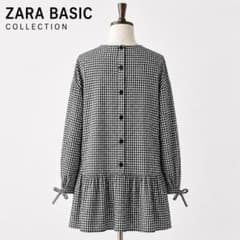 ZARA ザラ チュニック M ギンガムチェック 背面ボタン 黒白　袖リボンのサムネイル