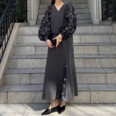 【WILLFULLY】 オーガンジーフラワーボリュームスリーブパネルワンピース 美品✨willfully オーガンジーフラワーボリュームスリーブパネル