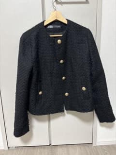 ZARA ツイード ノーカラージャケット ブラック S - メルカリ