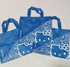 ③ハローキティ 不織布バッグ 3枚セット 和柄 青のサムネイル