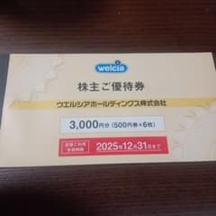 ウェルシアホールディングス 株主優待券 3,000円分のサムネイル