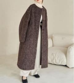 タグ付美品】hinari ノーカラーシャギーロングコート ブラウンLサイズ